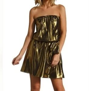 NWT Jay Godfrey Silk Strapless Ford Metallic Overlay Dress in Gold Size 8